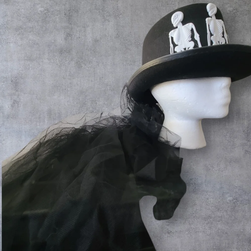 Steampunk Skeleton blk Top Hat W/ Long Veil Adult o/s